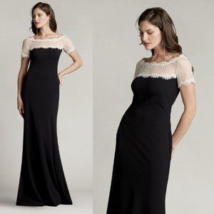 NWT Tadashi Shoji THELMA CONTRAST ILLUSION CREPE GOWN DRESS Black White